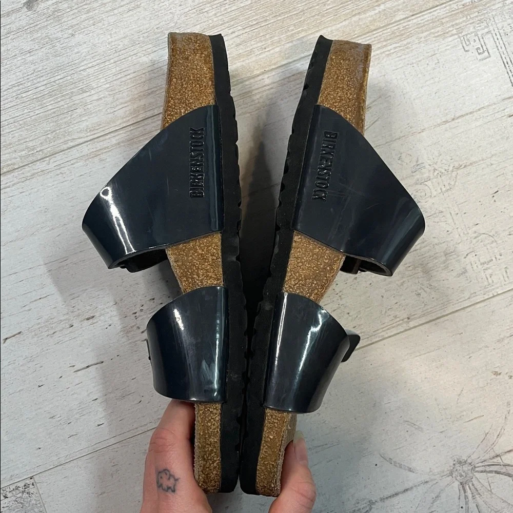 Birkenstock Arizona Dark Grey Birko-Flor Patent Sandals Size 8-8.5